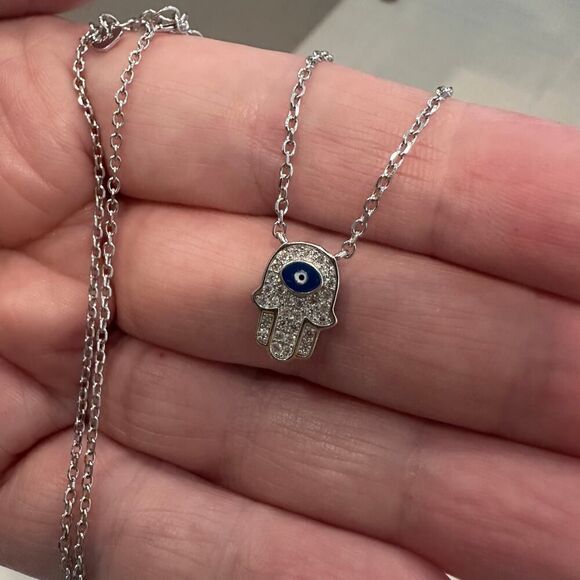 Sterling Silver Hamsa CZ Necklace with Evil Eye, Minimalist, Protection - Picture 6 of 7